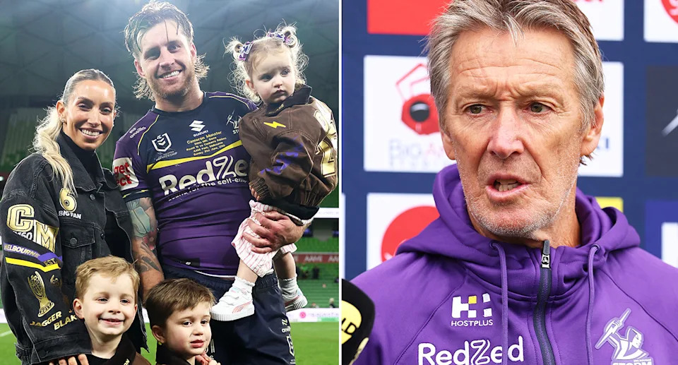 On the left is Cameron Munster with his family and Melbourne Storm coach Craig Bellamy on right.