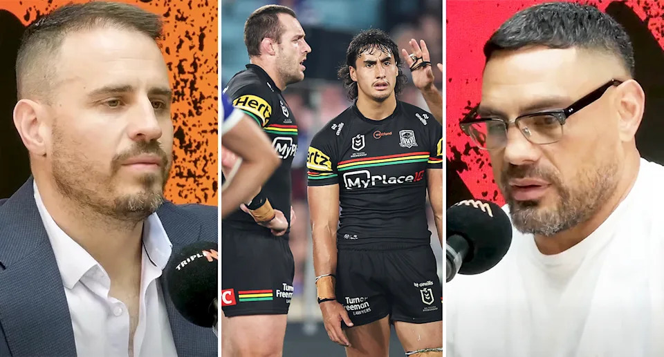 Josh Reynolds and Reni Maitua alongside Panthers players.