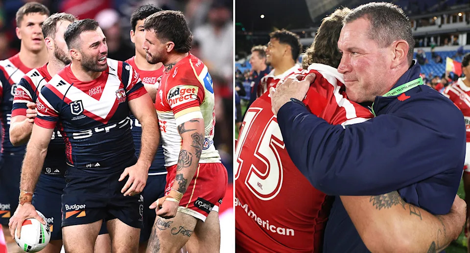 Ray Stone alongside Roosters players and Dolphins coach Kristian Woolf.