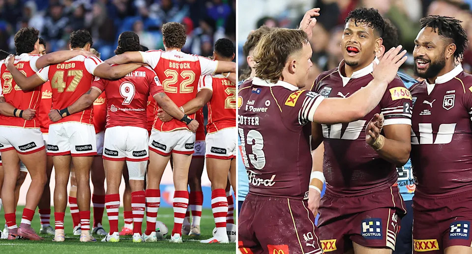 Pictured centre right is Dolphins and Maroons winger Selwyn Cobbo, who was named Queensland's best player of this year's Origin series.