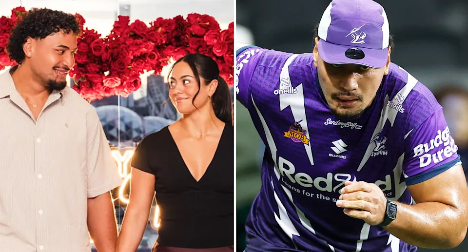 Pictured right is Melbourne Storm NRL star Eli Katoa and with his partner Tui on left.