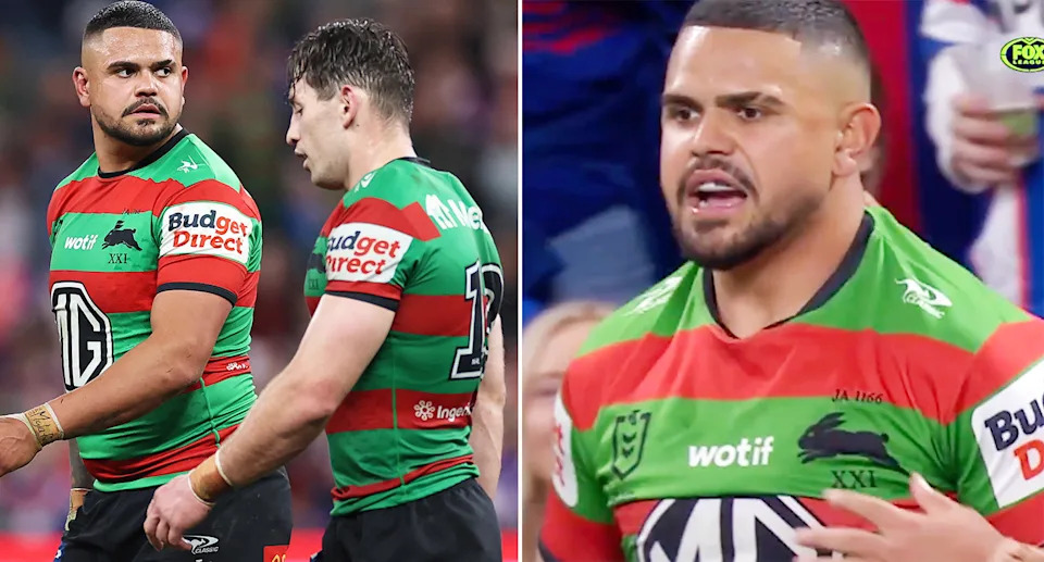 Latrell Mitchell, pictured here furious with Dane Gagai after he appeared to be punched.