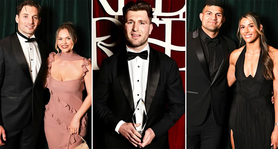 Jai Arrow with South Sydney teammates and their partners.