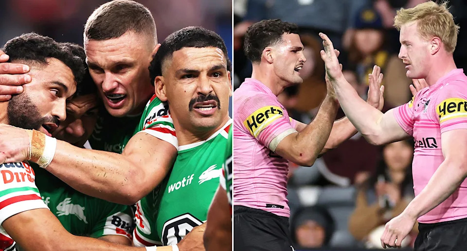 Pictured left to right, Souths veteran Alex Johnston and rival Panthers winger Tom Jenkins.