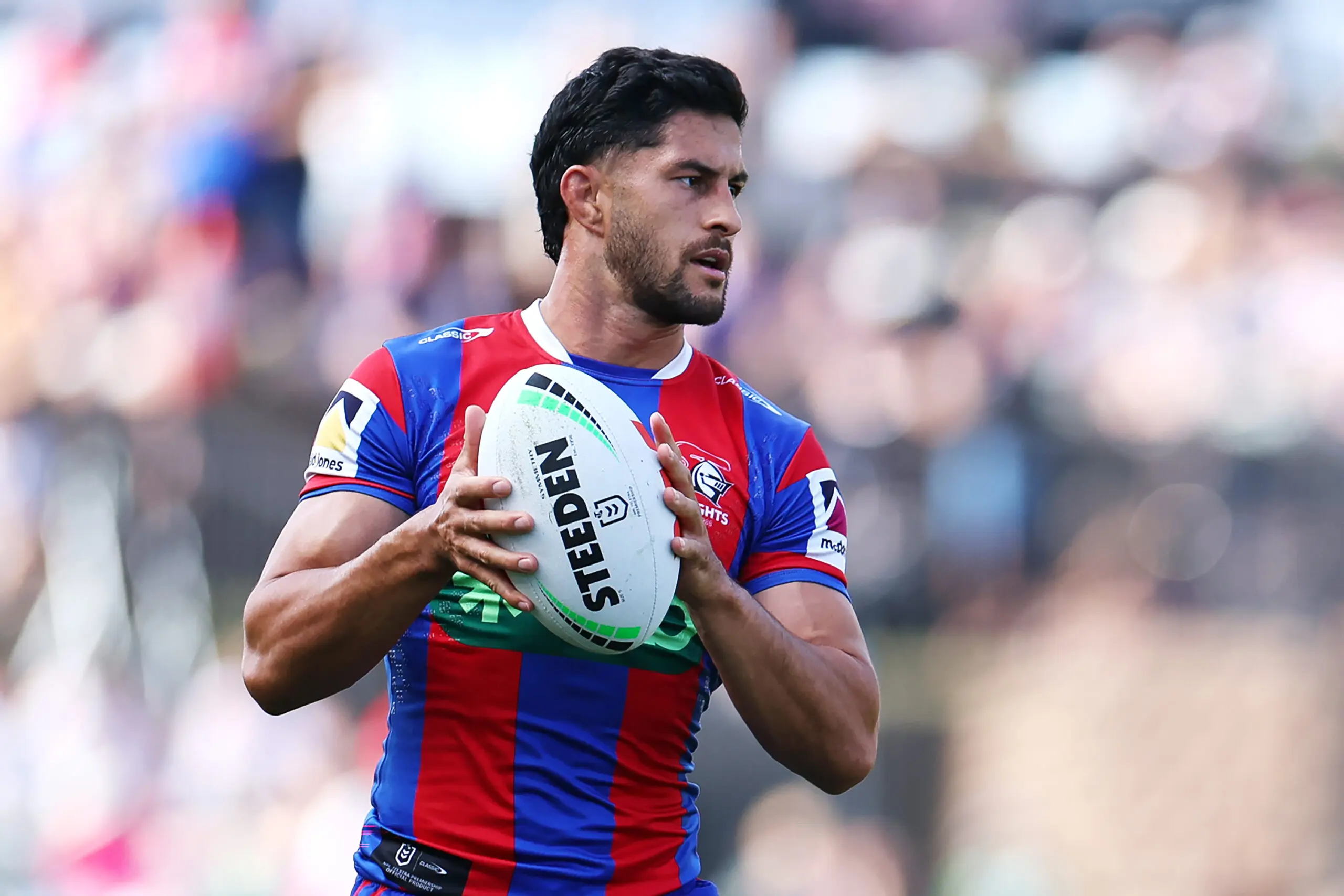 NEWCASTLE, AUSTRALIA - MAY 03: Dylan Brown of the Knights looks to pass during the round nine NRL match between Newcastle Knights and South Sydney Rabbitohs at McDonald Jones Stadium, on May 03, 2026, in Newcastle, Australia. (Photo by Jeremy Ng/Getty Images)