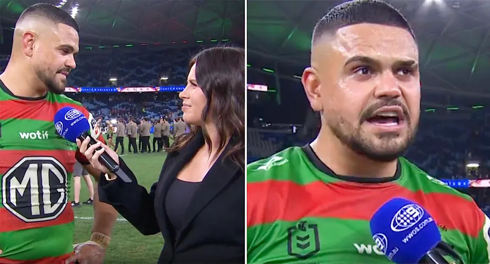 Latrell Mitchell, pictured here in a post-match interview after Souths' loss.