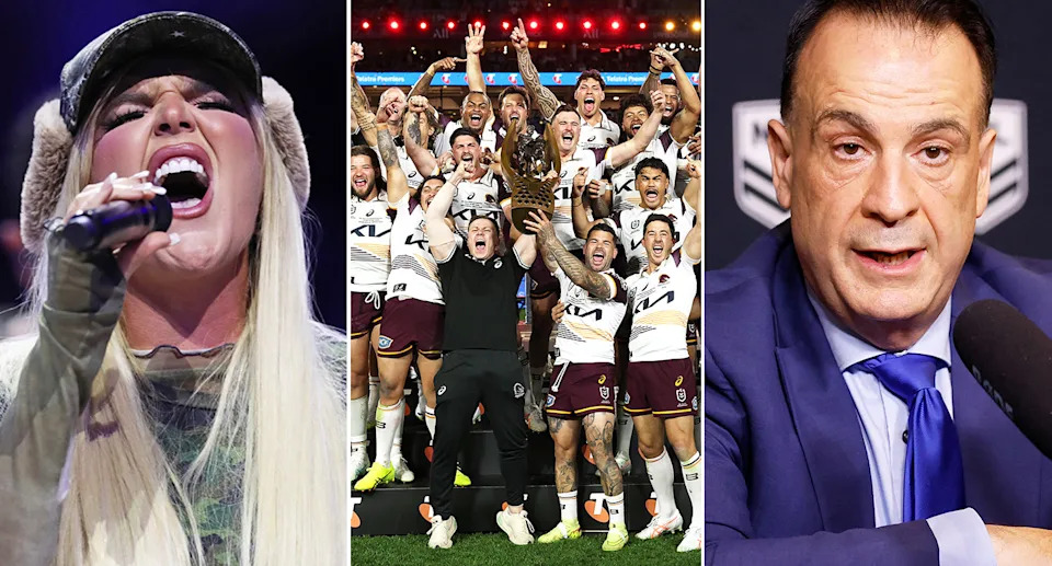 On the right is Peter V'landys, with artist Tones and I on left and NRL grand final winners Brisbane in the centre.