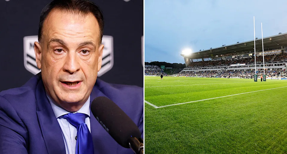 Peter V'landys alongside a shot of Go Media Stadium.