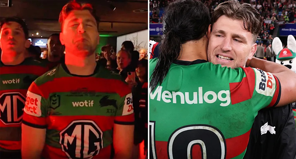 Pictured here, Jai Arrow walking out in his 100th game for Souths on Friday night against the Roosters in the NRL.