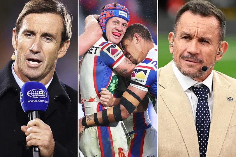 Pictured centre is Newcastle star Kalyn Ponga, with Knights legend Andrew Johns left and his brother Matty right.