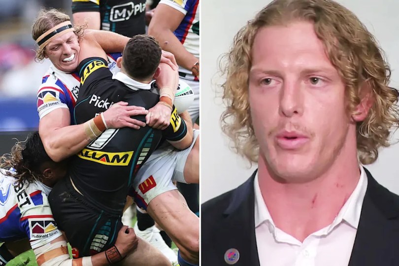 On the right is Phoenix Crossland at the NRL judiciary and his tackle that injured Nathan Cleary on the left.