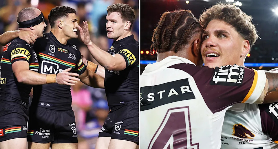 On the left are Penrith Panthers players and Broncos NRL star Reece Walsh on the right.