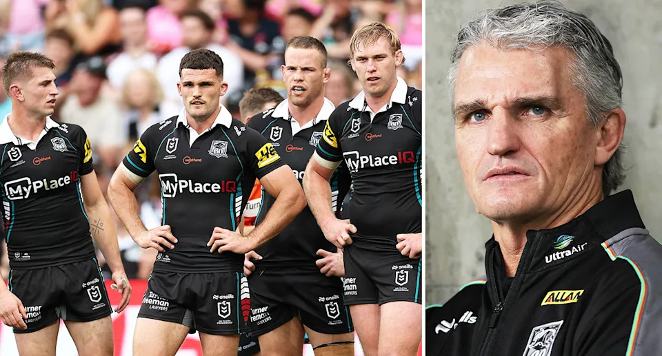 Ivan Cleary alongside Panthers players.