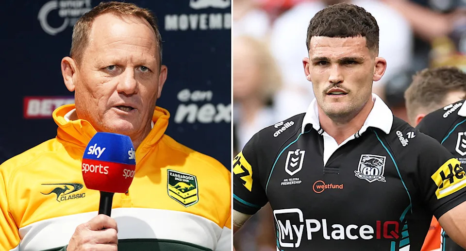 From left to right, Kangaroos coach Kevin Walters and Panthers star Nathan Cleary.