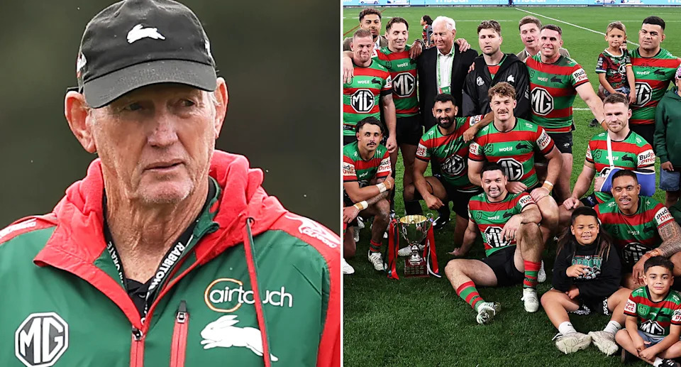 Wayne Bennett, Euan Aitken and other South Sydney players.