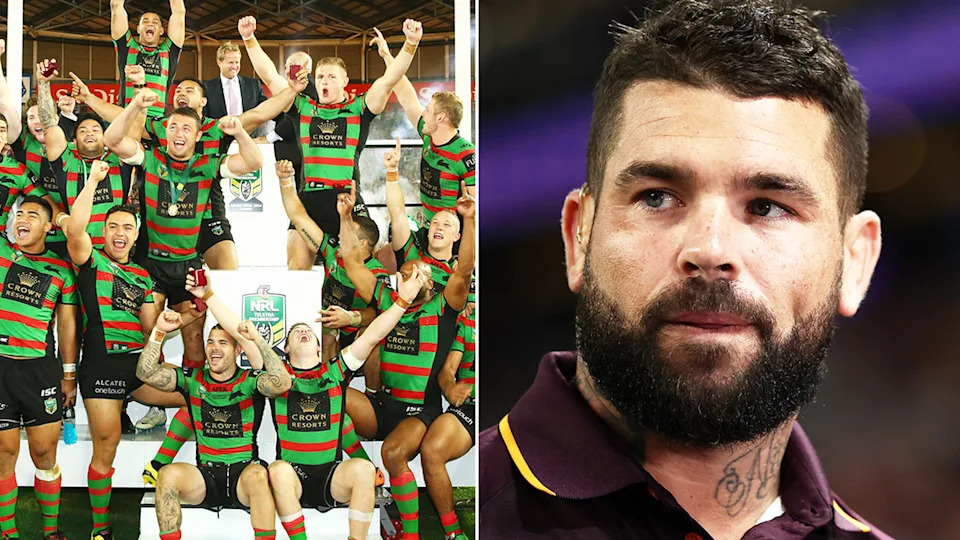 Adam Reynolds celebrates winning the NRL premiership and Reynolds looks on.