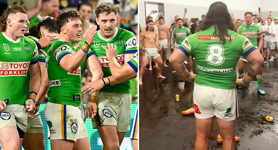 On the centre left is rookie Canberra Raiders halfback Coby Black and retiring NRL great Josh Papali'i on the right.