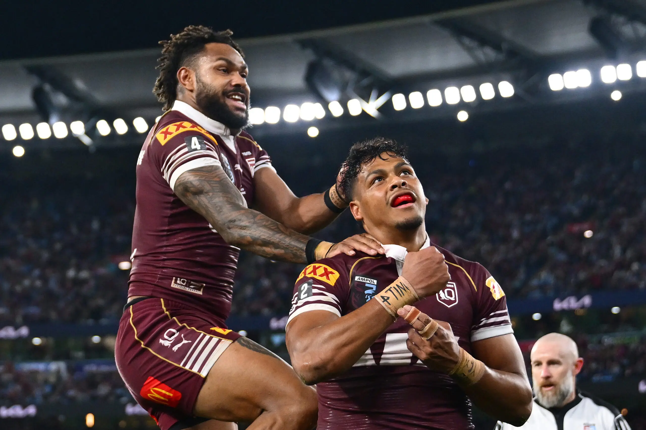 MELBOURNE, AUSTRALIA - JUNE 17: Selwyn Cobbo of the Maroons celebrates a try during game two of the Men's State of Origin series between New South Wales Blues and Queensland Maroons at Melbourne Cricket Ground on June 17, 2026 in Melbourne, Australia. (Photo by Quinn Rooney/Getty Images)
