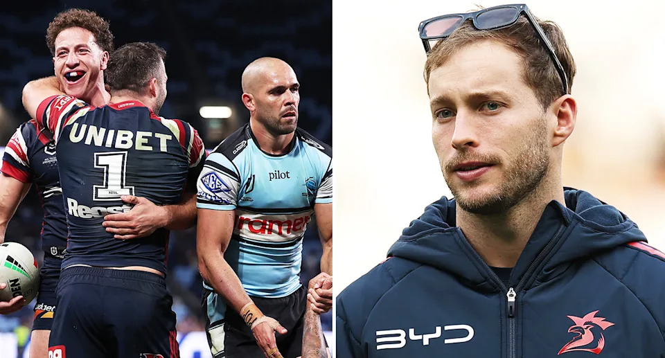 Pictured right is Sam Walker, with his Roosters teammates in an NRL game against the Sharks on the left.