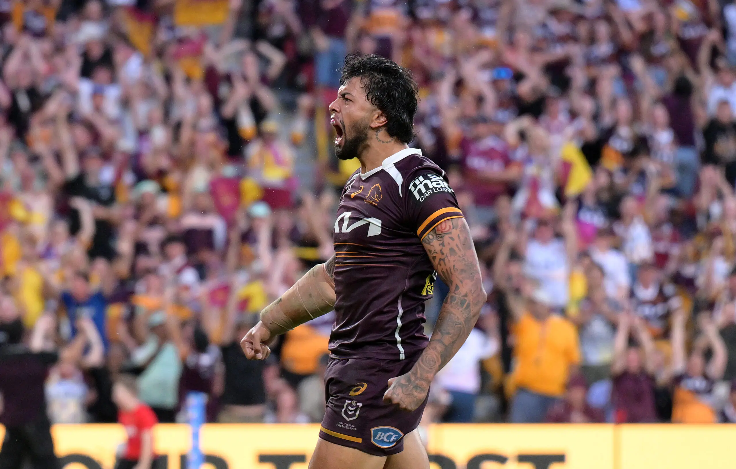 BRISBANE, AUSTRALIA - SEPTEMBER 28: Xavier Willison of the Broncos celebrates after scoring a try during the NRL Preliminary Final match between Brisbane Broncos and Penrith Panthers at Suncorp Stadium, on September 28, 2025, in Brisbane, Australia. (Photo by Bradley Kanaris/Getty Images)