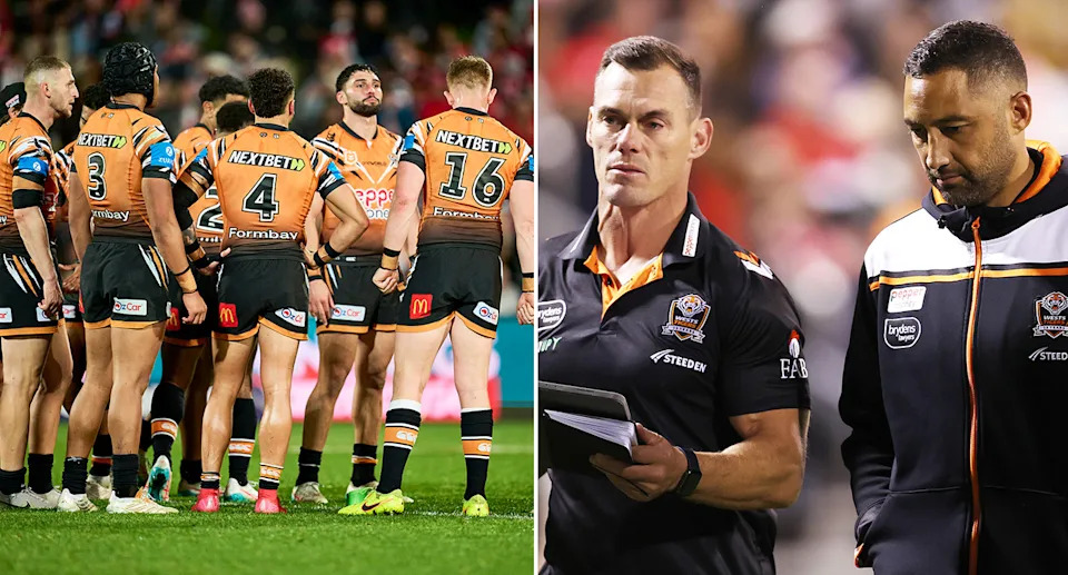 On the left are Wests Tigers players and former assistant coach John Morris in the centre.