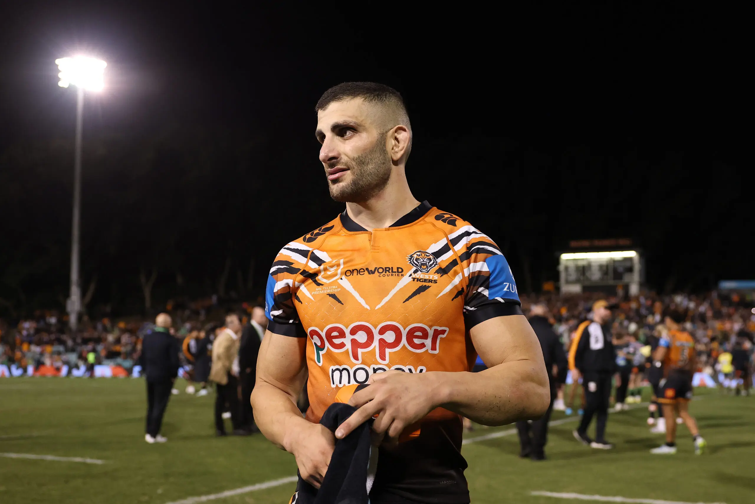 SYDNEY, AUSTRALIA - APRIL 23: Alex Twal of the Wests Tigers celebrates after winning the round eight NRL match between the Wests Tigers and Canberra Raiders at Leichhardt Oval on April 23, 2026 in Sydney, Australia. (Photo by Cameron Spencer/Getty Images)
