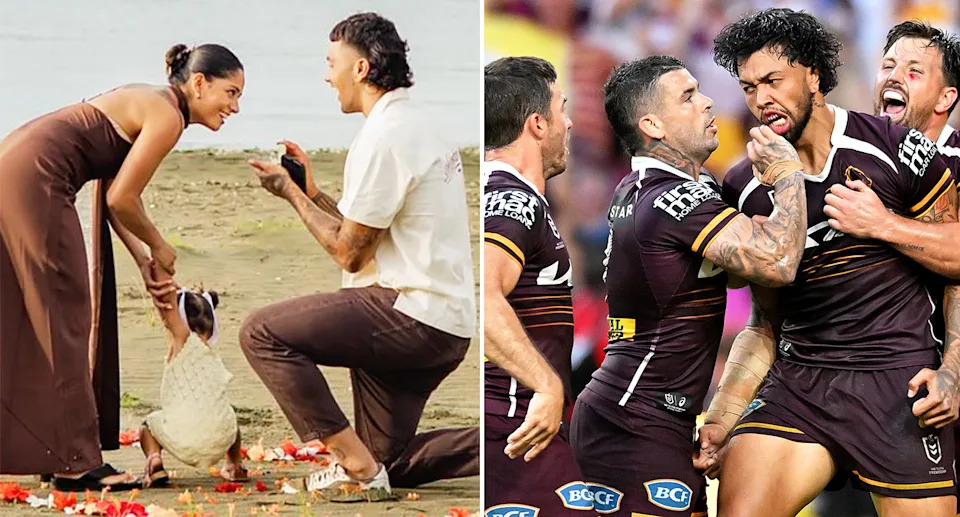 The right image shows Broncos forward Xavier Willison with Brisbane teammates and with his young family on the left.