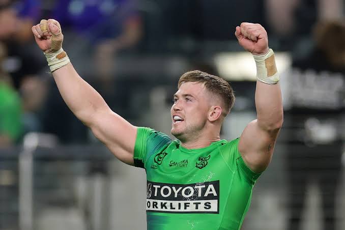 Hudson Young celebrates victory with Canberra Raiders