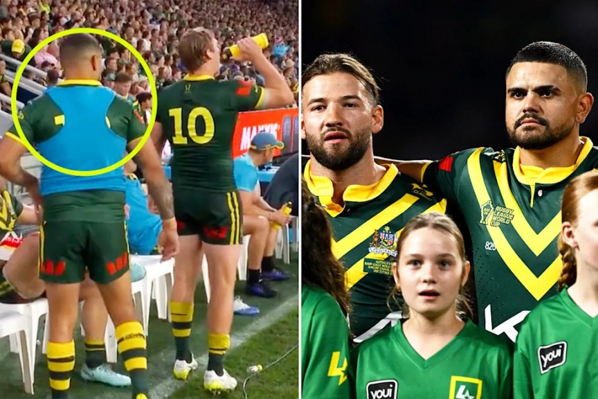 On the left is Latrell Mitchell on the sidelines for the Kangaroos during the Rugby League World Cup victory over Fiji.