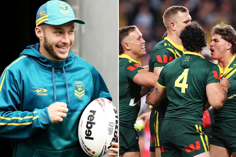 Pictured left is Kangaroos Rugby League World Cup squad member Sam Walker and teammate Kotoni Staggs second from right.