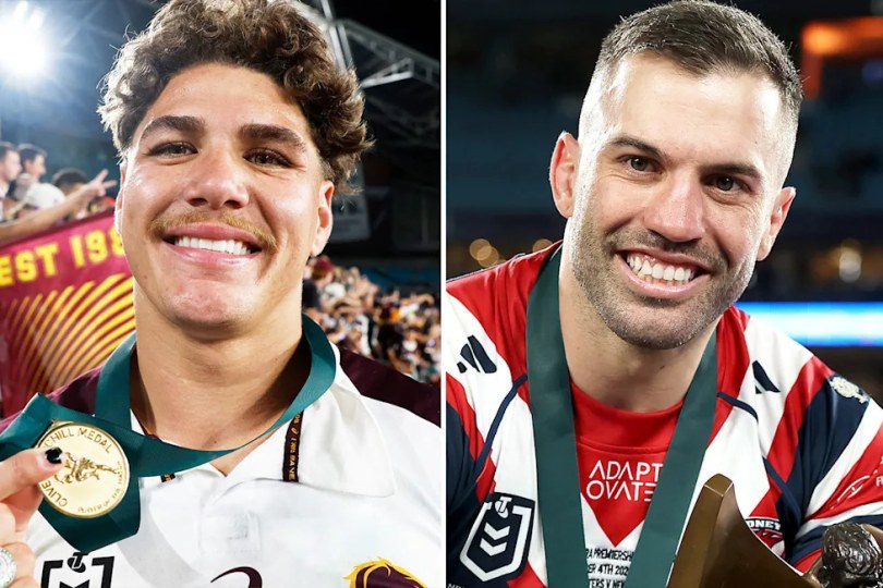 Reece Walsh celebrates and James Tedesco poses with a trophy.