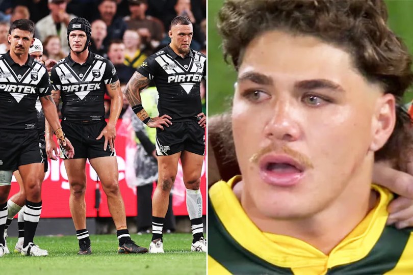 Reece Walsh, pictured here with tears in his eyes before the Kangaroos and Kiwis game.
