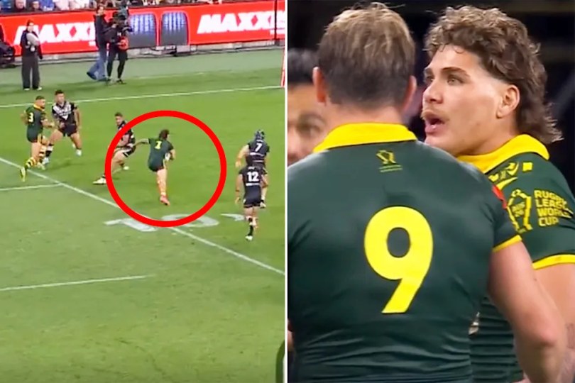 Reece Walsh during the World Cup game between Australia and New Zealand.