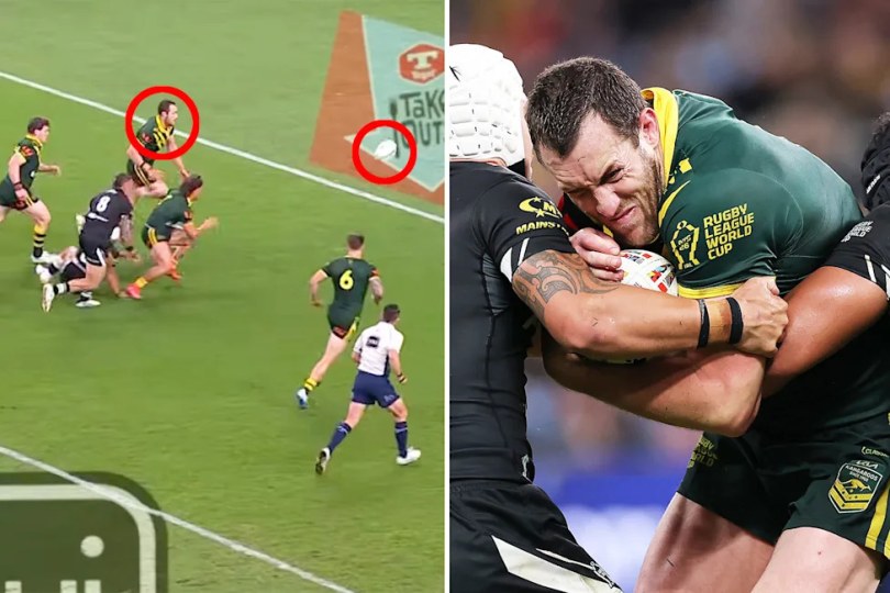 These images show Kangaroos captain Isaah Yeo playing against New Zealand at the Rugby League World Cup.