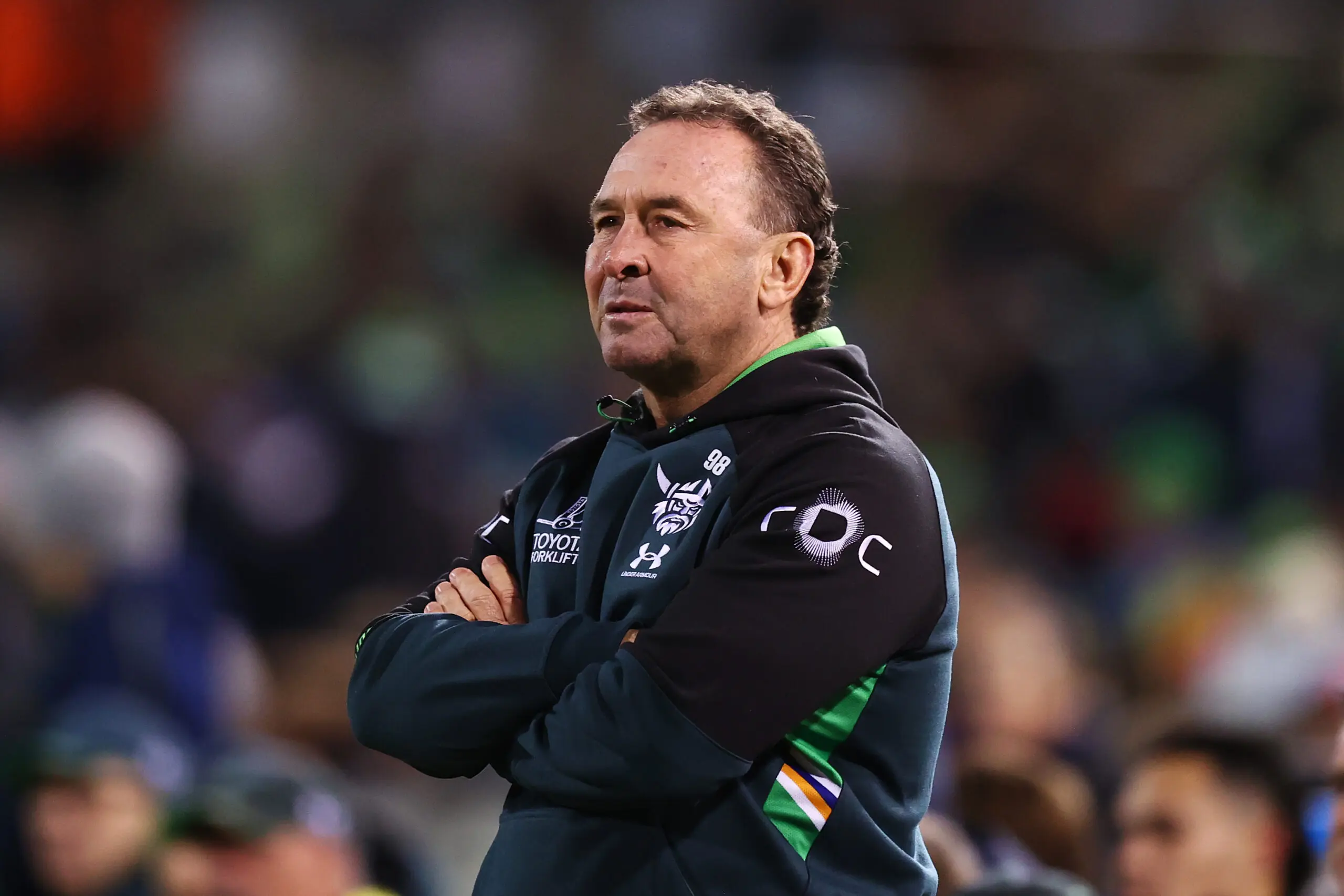 CANBERRA, AUSTRALIA - MAY 21: Raiders coach Ricky Stuart watches on during the round 12 NRL match between Canberra Raiders and Dolphins at GIO Stadium, on May 21, 2026, in Canberra, Australia. (Photo by Mark Nolan/Getty Images)