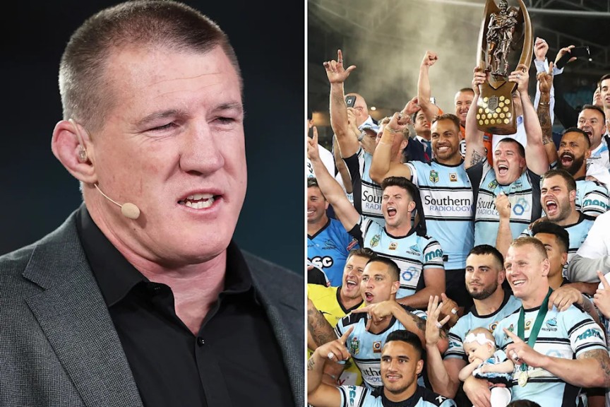 These images show Cronulla NRL premiership winner Chad Townsend and former Sharks teammate Paul Gallen.