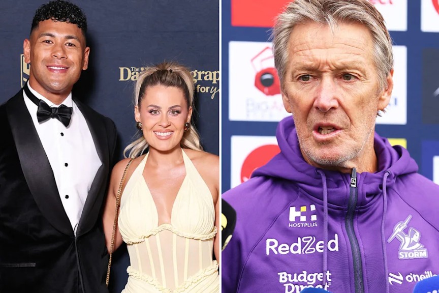 Pictured left is Dolphins and Kiwis Test winger Jamayne Isaako and his wife, with Melbourne Storm's NRL head coach Craig Bellamy on the right.
