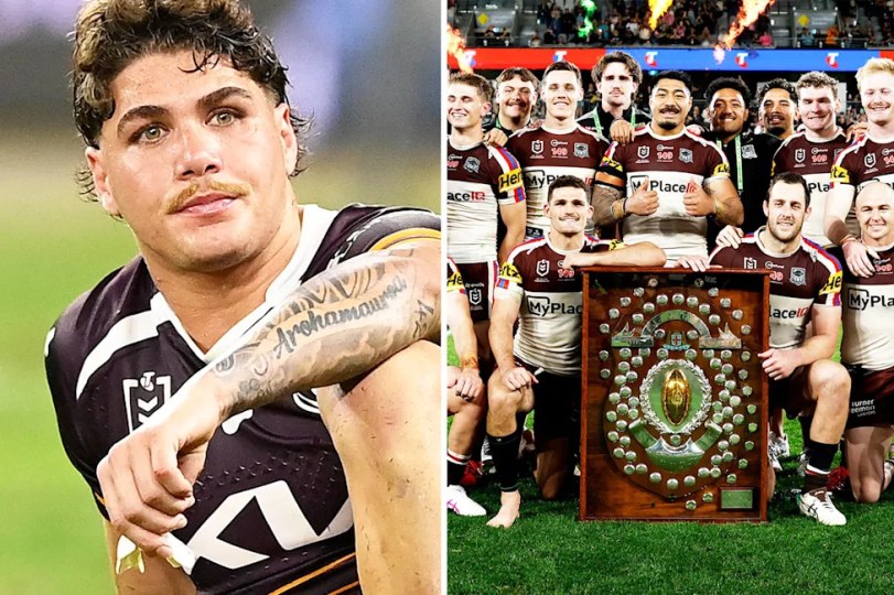 Reece Walsh after a loss and Dylan Edwards celebrates the minor premiership.