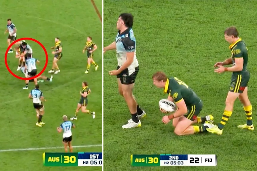 Kangaroos and Fiji players at the Rugby League World Cup.