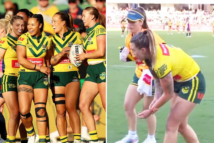 Jillaroos celebrate a try and Julia Robinson injured.