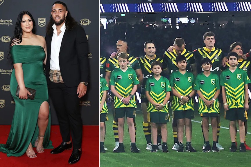 Keaon Koloamatangi alongside his partner and Kangaroos teammates.