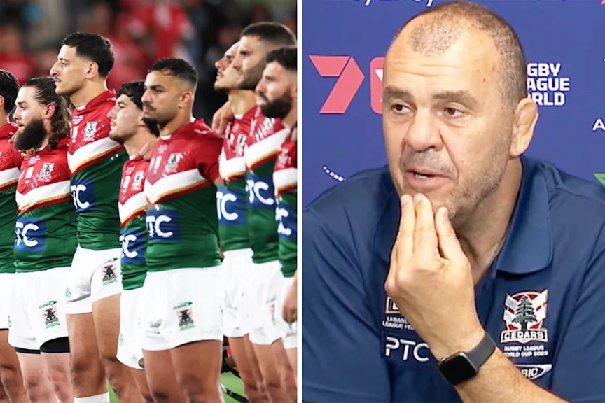 Lebanon line-up for the anthem and Michael Cheika during a press conference.