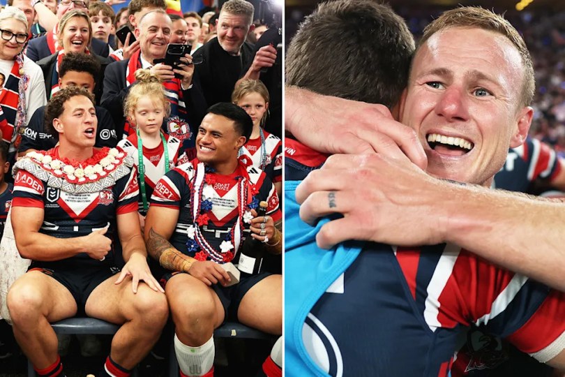 Pictured left to right, Roosters premiership winners Mark Nawaqanitawase and Daly Cherry-Evans after their NRL grand final victory.