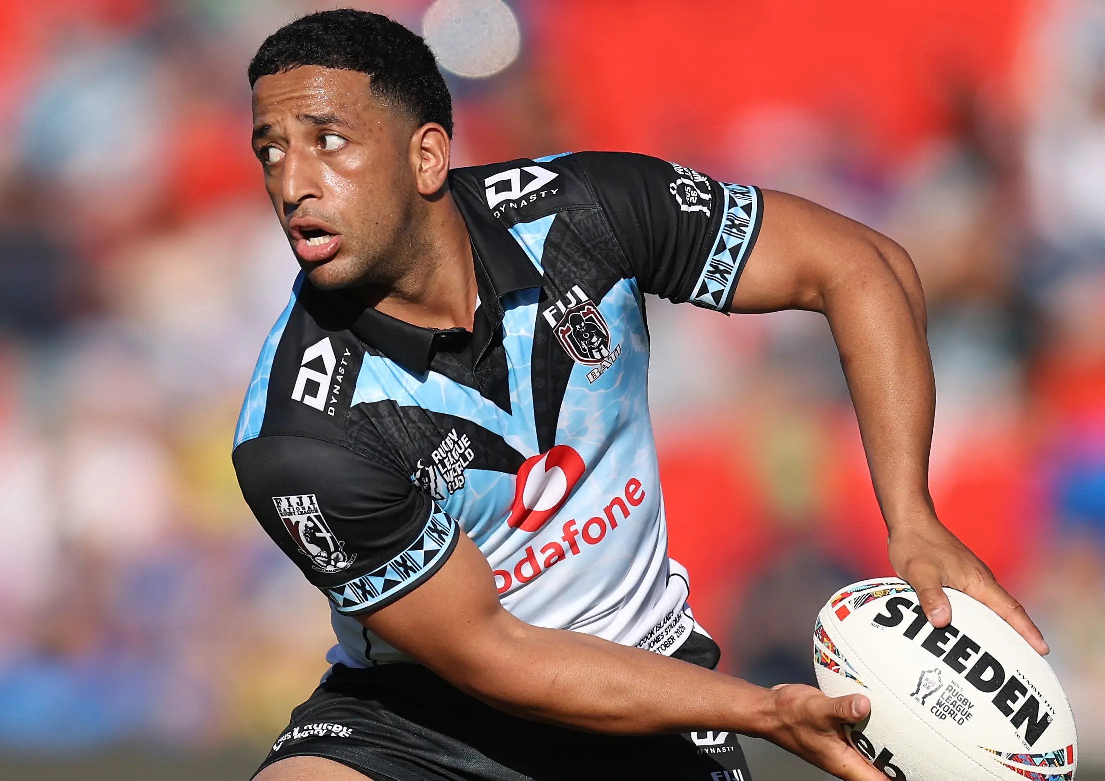 NEWCASTLE, AUSTRALIA - OCTOBER 18: Brandon Wakeham of Fiji passes the ball during the 2026 Men's Rugby League World Cup match between Fiji and Cook Islands at McDonald Jones Stadium on October 18, 2026 in Newcastle, Australia. (Photo by Scott Gardiner/Getty Images)