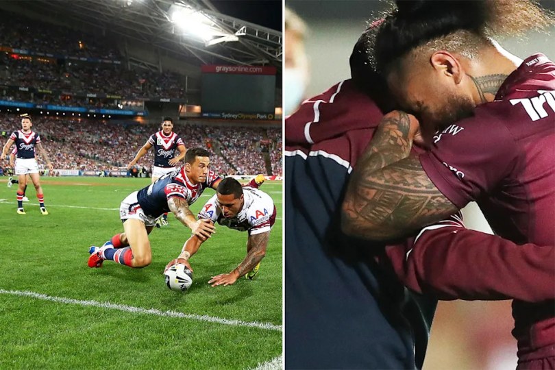 Jorge Taufua, pictured here scoring the opening try of the 2013 NRL grand final between Manly and the Roosters.