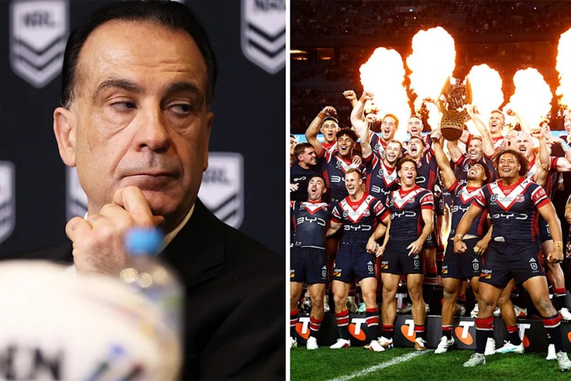 Peter V'landys during a press conference and the Roosters celebrate the NRL premiership.