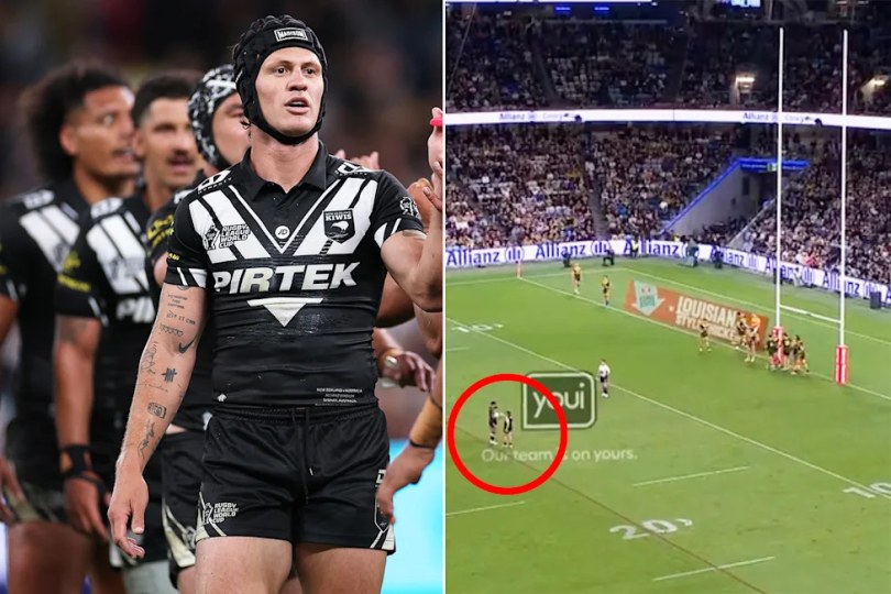 Kalyn Ponga and fellow New Zealand players during the World Cup opener against Australia.
