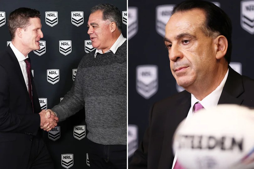 On the right is ARLC boss Peter V'landys and former Perth Bears CEO Anthony De Ceglie on the left with the new NRL franchise's head coach Mal Meninga.