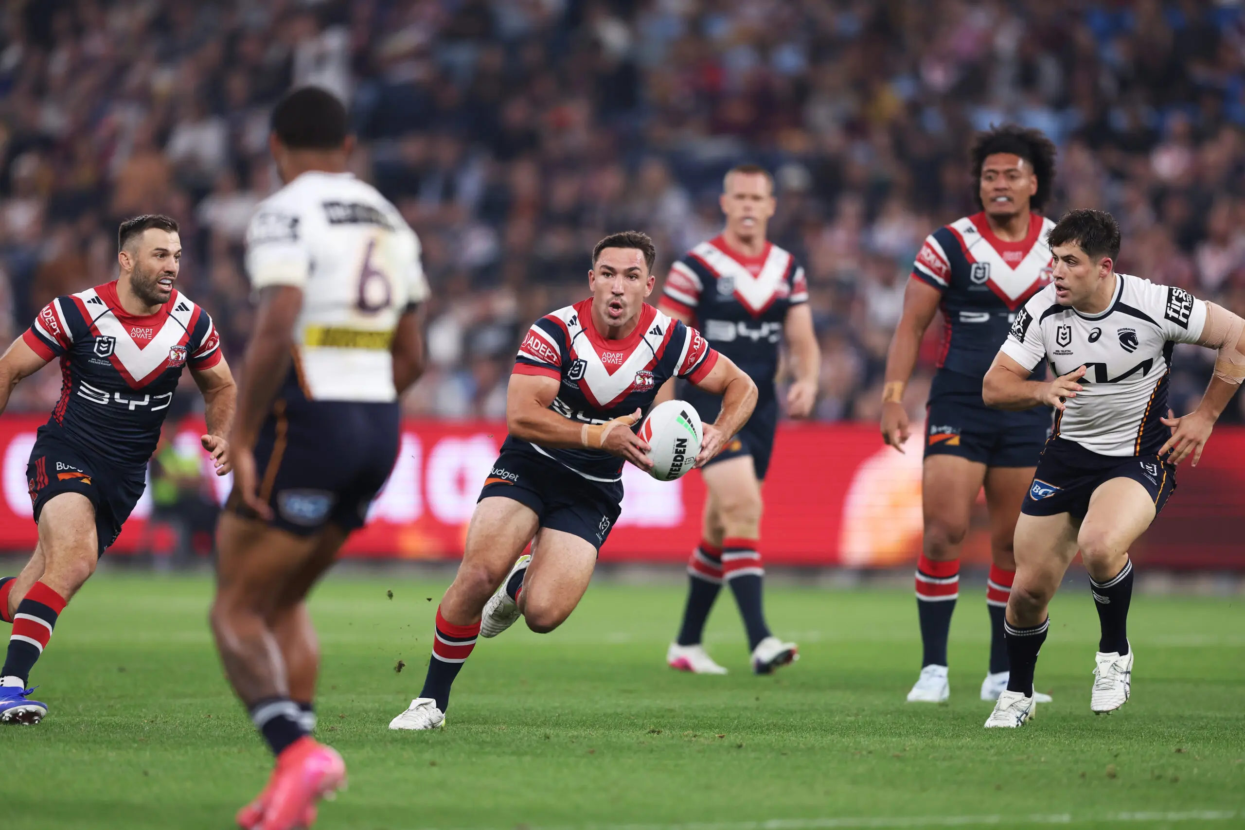 SYDNEY, AUSTRALIA - MAY 02:  Reece Robson of the Roosters runs with the ball during the round nine NRL match between Sydney Roosters and Brisbane Broncos at Allianz Stadium, on May 02, 2026, in Sydney, Australia. (Photo by Matt King/Getty Images)