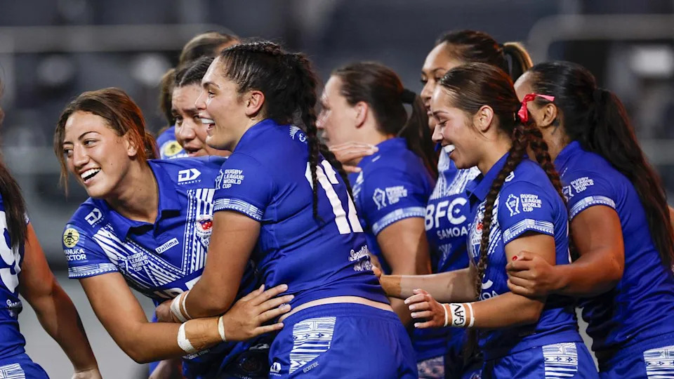 Samoa celebrate World Cup try.